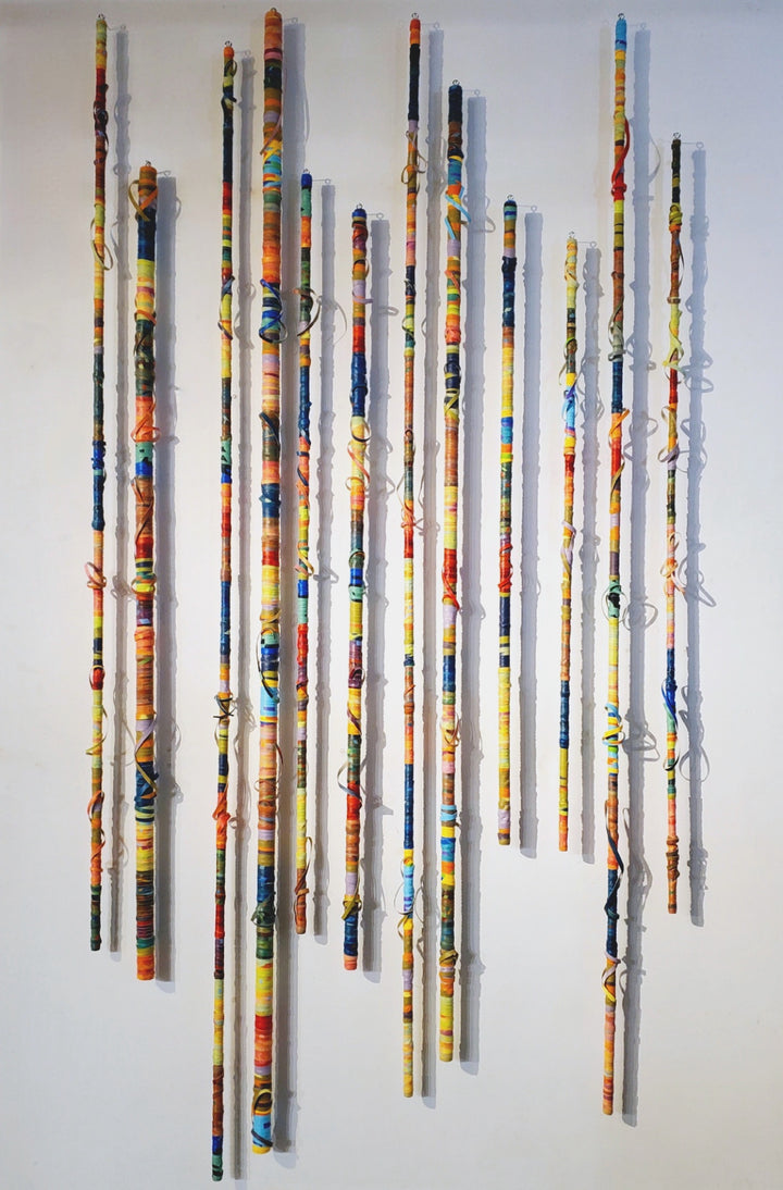 Sticks - colourful canvas sticks in various sizes and colours, created from the artist's own repurposed acrylic paintings.