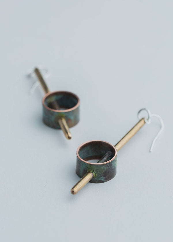 “Industrial Line” Earrings - Brass and patinated copper earrings with sterling silver.