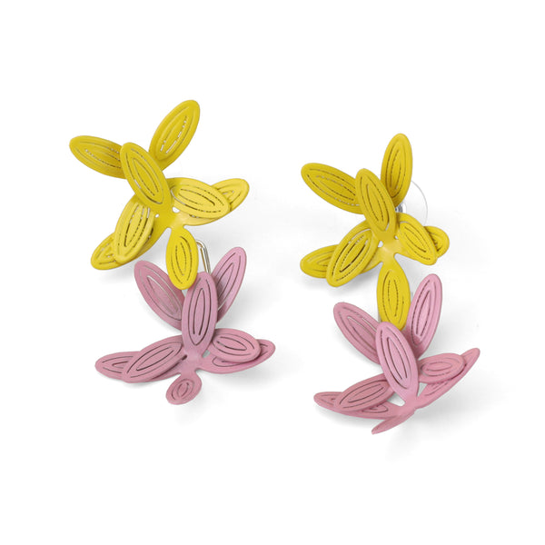Fancy Petal Earrings (Double) of powder coated brass with sterling silver posts. In pink and yellow.