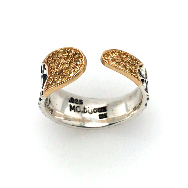Hand stamped ring in sterling silver and 18k gold with yellow sapphires. Size 7.