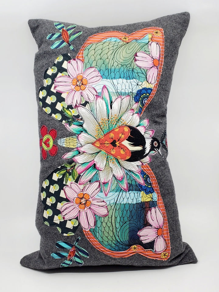 'Butterfly' Pillow, 10"x20". Cotton applique on wool melton.