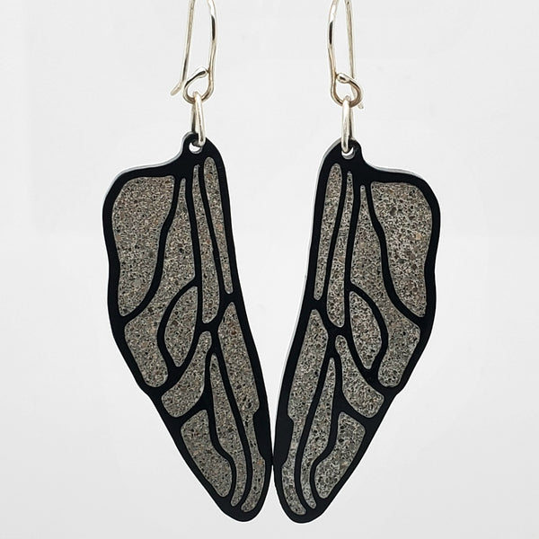 Dragonfly wing earrings in black colour acrylic with concrete inlay.