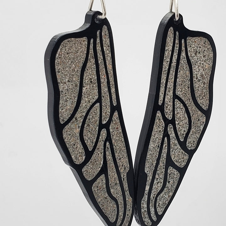 Dragonfly wing earrings in black colour acrylic with concrete inlay.