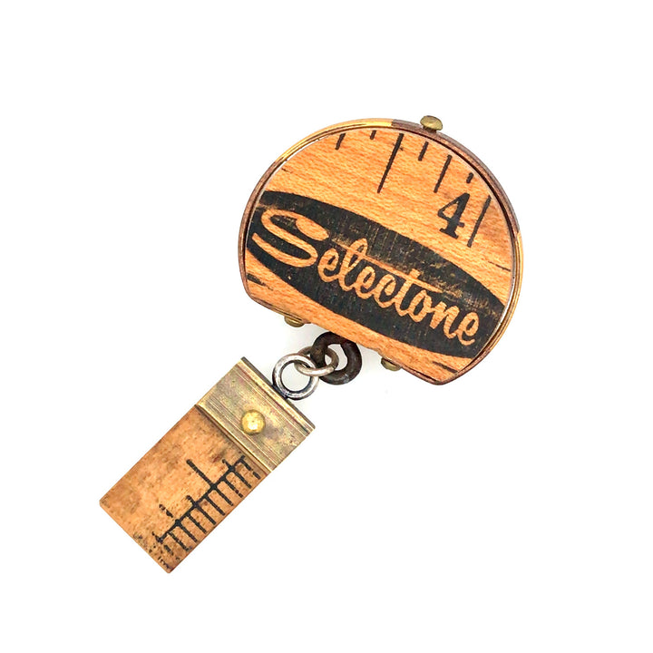 Made to Measure brooch. This wearable mixed media assemblage combines vintage boxwood ruler, brass fittings, and sterling silver findings. 