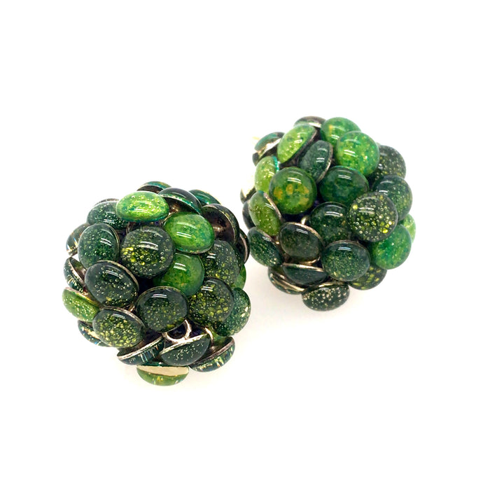Round Green Resin Earrings. Droplets of green resin and sterling silver are woven together with purple thread.