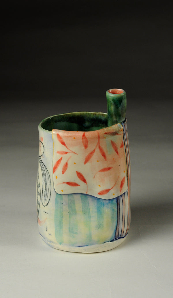 Small Vase with single bud pipe - stoneware finished with glazes and underglazes, with a floral patterns and illustration.