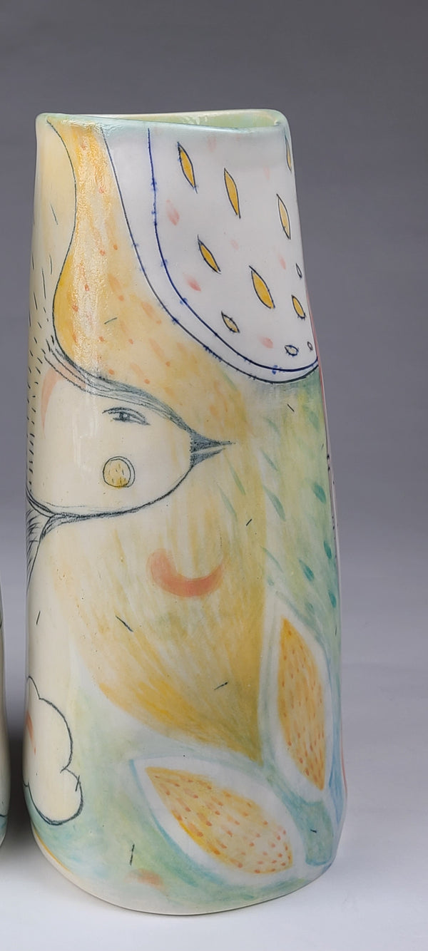 Tall Vase with single stem pipe - stoneware finished with glazes and underglazes, featuring an illustration of a bird soaring about clouds.