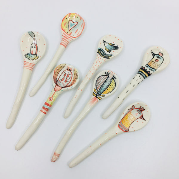 Porcelain Spoons with Birds or Flowers by Maria Moldovan