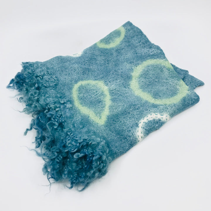 Green and blue scarf, created with hand-dyed silk and merino wool with recycled materials.