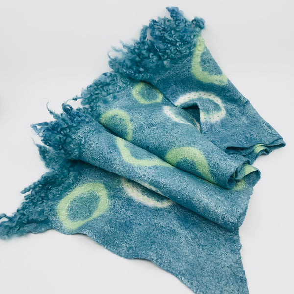 Green and blue scarf, created with hand-dyed silk and merino wool with recycled materials.