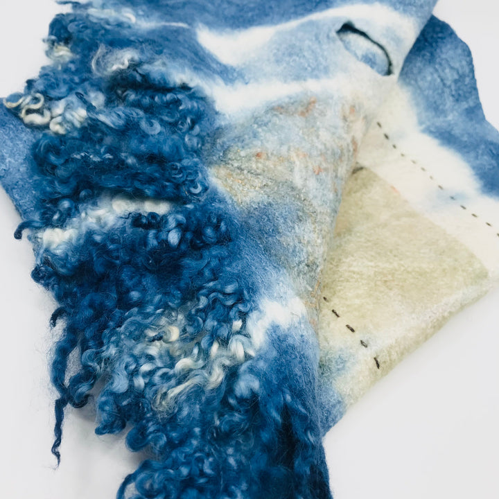 Blue scarf with stitched rectangles, created with hand-dyed silk and merino wool with recycled materials.