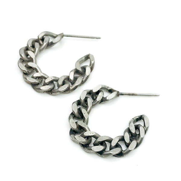 Matte oxidized stud earrings are transformed salvaged chains hand-fabricated into hoops. Steel posts. 1.9cm in diameter.