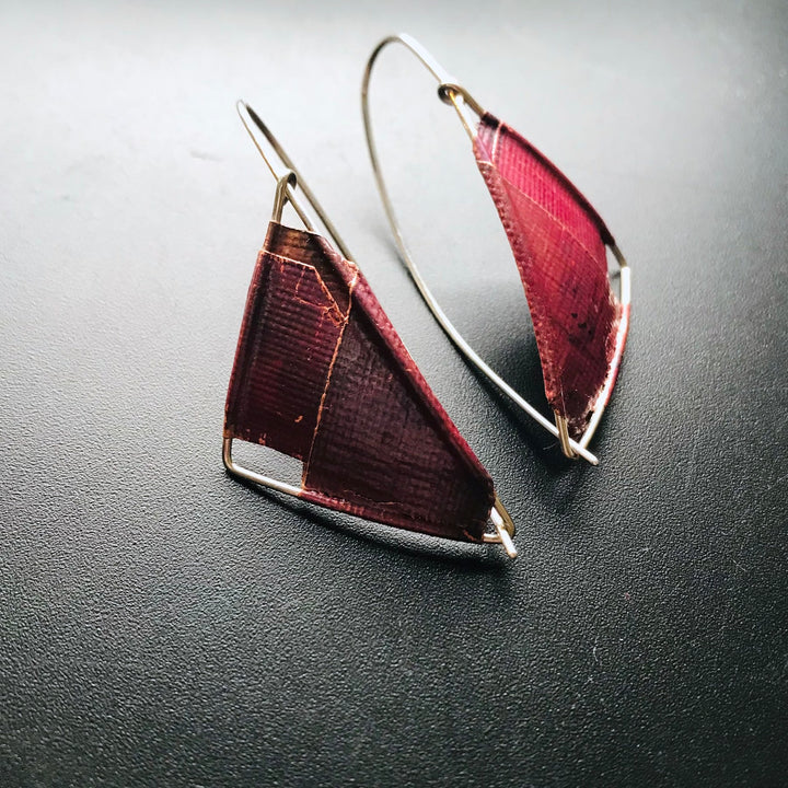 Long Sail earrings in red copper and sterling silver.