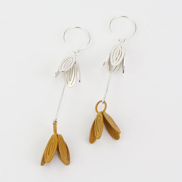 Petal Drop Earrings - Double  Light drop earrings in a variety of colours combining one sterling silver flower (hand cut) and one powder-coated brass flower (laser cut). Each form is hand folded. 