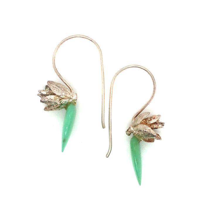Sterling silver earrings with chrysoprase drops.