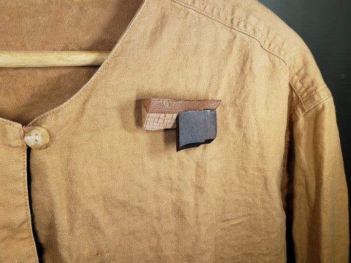 Brooch Oak trim, ebony, steel, 2” x 2” x 1”, 2020.