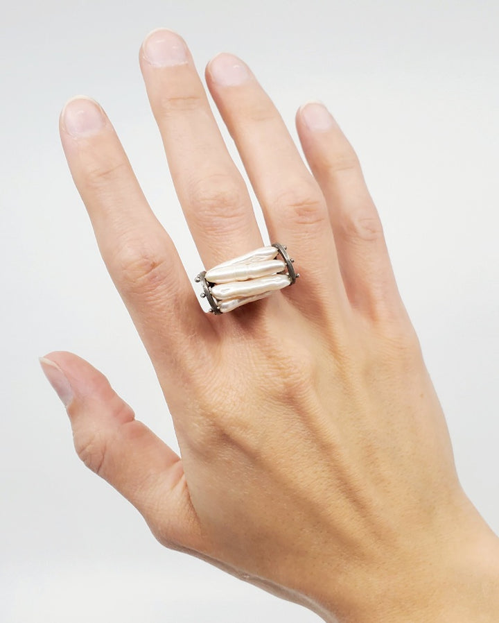 Lydia Buxton Pearl Cage Ring in oxidized sterling silver with freshwater pearls. Size 7 3/4.