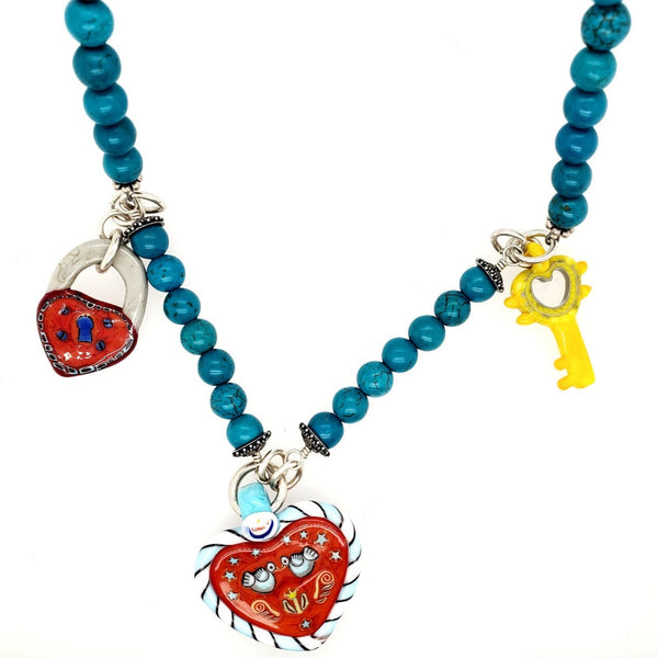 Key to My Heart Necklace featuring 3 charms made from kilnformed glass on a 21" glass bead chain with sterling silver clasp.