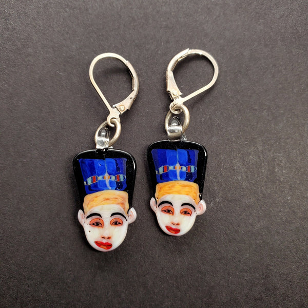 Nefertiti drop earrings in sterling silver and murrine cane glass.