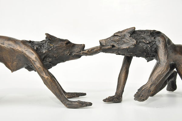 Anna Williams She Wolves in double. Two She Wolves fighting over meat. Individual cast bronze sculpture, approx. 7" x 4" x 3".