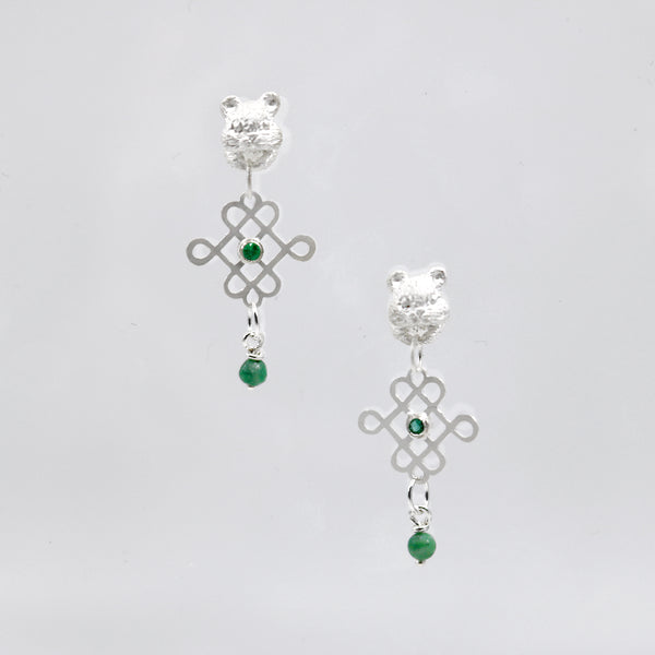 Squireow Amulet earrings of sterling silver, emerald, and jade beads.   These earrings feature hand-cut amulet motifs held by two squirrels with green gem accents. This is a one of a kind design.