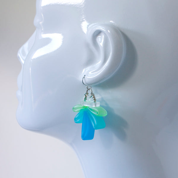 Peacock Bloom Earrings of silicone, acrylic, and sterling silver.