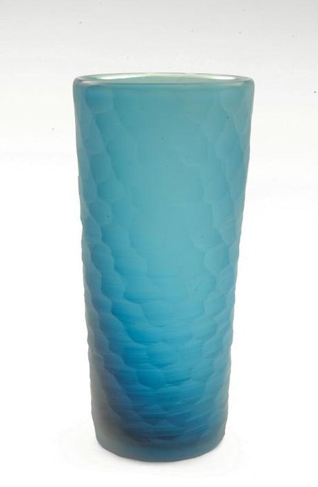Blown and carved vessel in aqua with a honeycomb pattern, 26 x 10.5 cm.