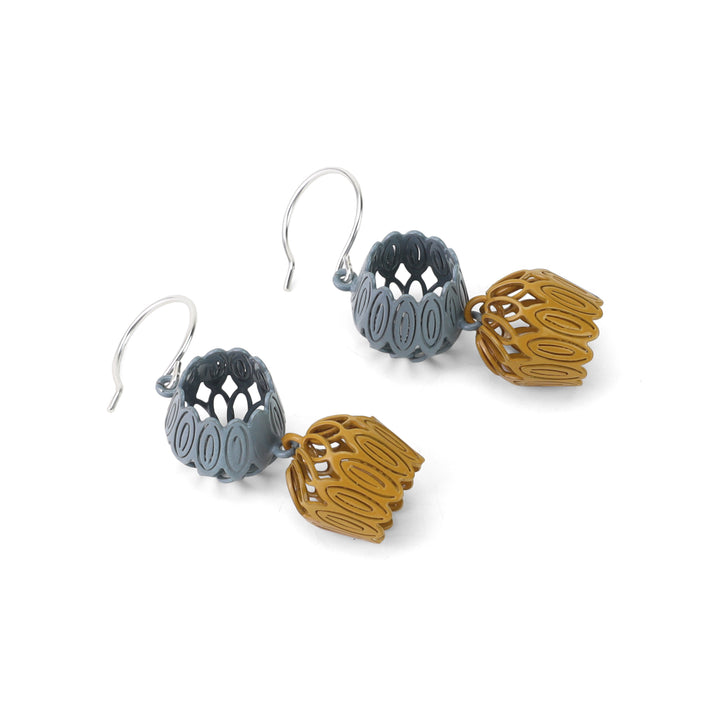 Tulip Double Drop Earrings in ochre and grey, created in powder coated brass with sterling silver hooks.