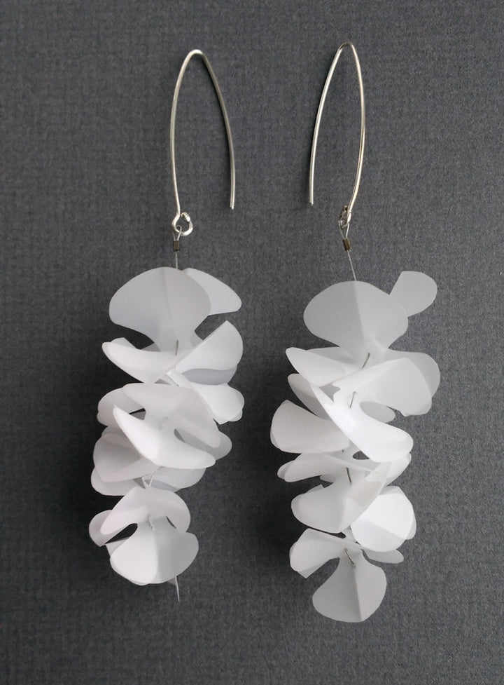 Large Panicle earrings 2. Mylar, sterling silver, and nylon coated stainless steel cable. 