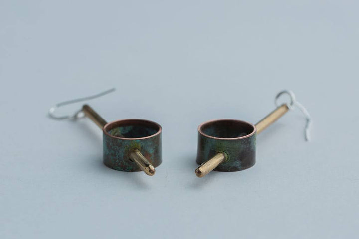 “Industrial Line” Earrings - Brass and patinated copper earrings with sterling silver.