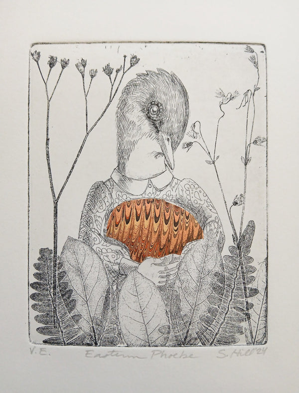 Eastern Phoebe Etching with Orange Chine Collée by Stephanie Hill