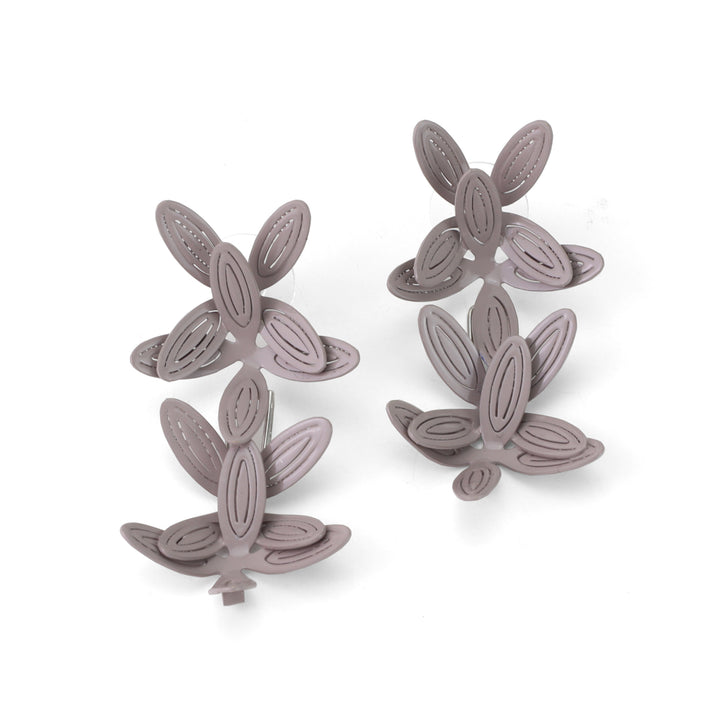 Fancy Petal Earrings (Double) of powder coated brass with sterling silver posts. In warm grey.