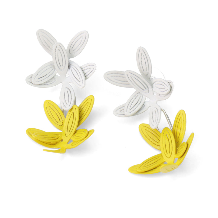 Fancy Petal Earrings (Double) of powder coated brass with sterling silver posts. In white and yellow.