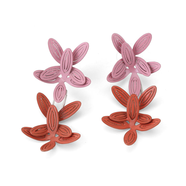 Fancy Petal Earrings (Double) of powder coated brass with sterling silver posts. In pink and red.
