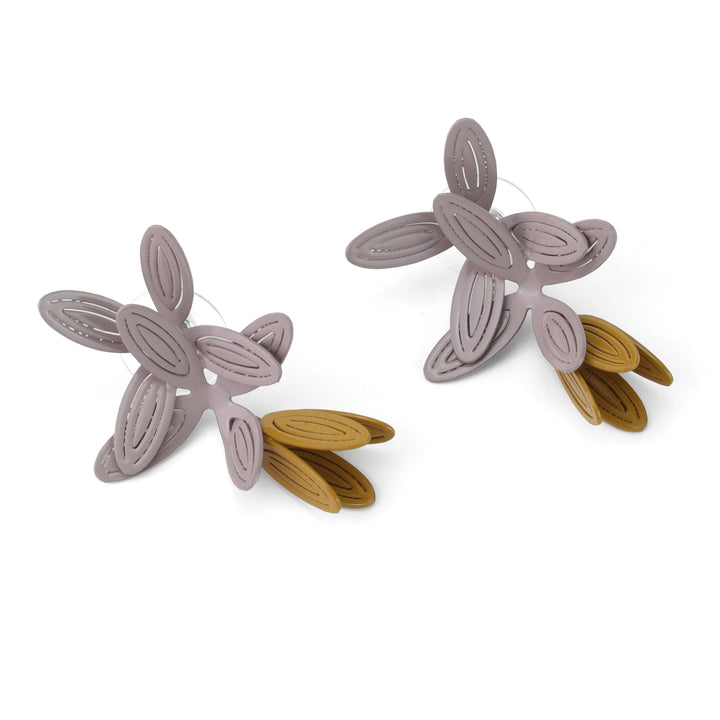 Fancy Petal Earrings (Single) of powder coated brass with sterling silver posts. In warm grey and ochre.