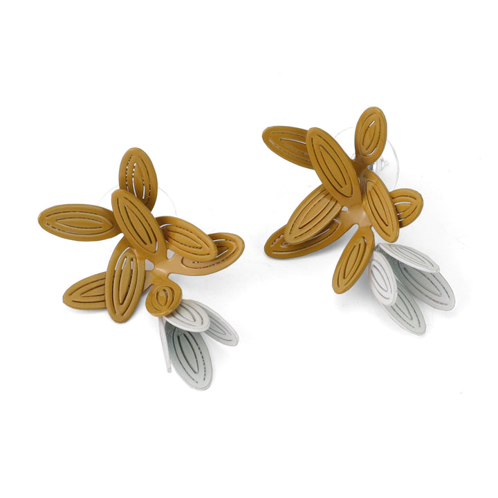 Fancy Petal Earrings (Single) of powder coated brass with sterling silver posts. In ochre and white.