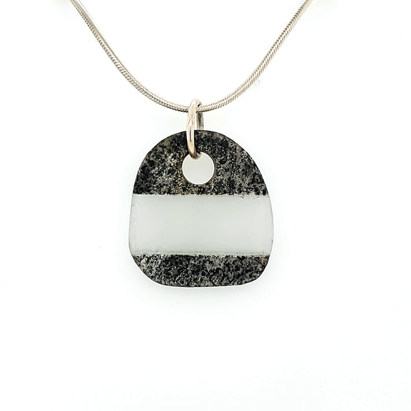 From the Lake and Land series, a necklace with recycled window glass and rock on an 18" sterling silver snake chain.