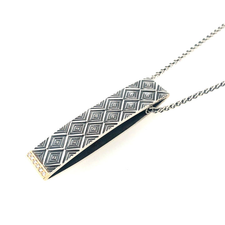 Long rectangular pendant in sterling silver & 18k gold, with diamonds at the bottom, on a 45cm sterling silver chain.