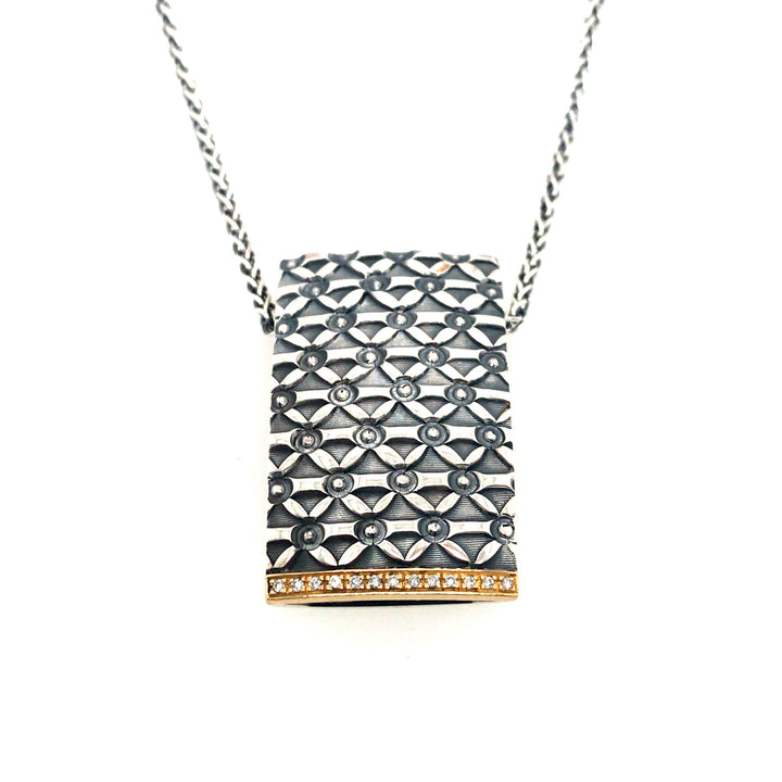 Large rectangular pendant in sterling silver & 18k gold, with diamonds at the bottom, on a 57cm sterling chain.