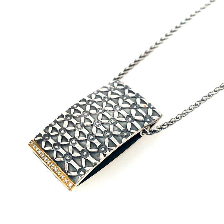 Large rectangular pendant in sterling silver & 18k gold, with diamonds at the bottom, on a 57cm sterling chain.