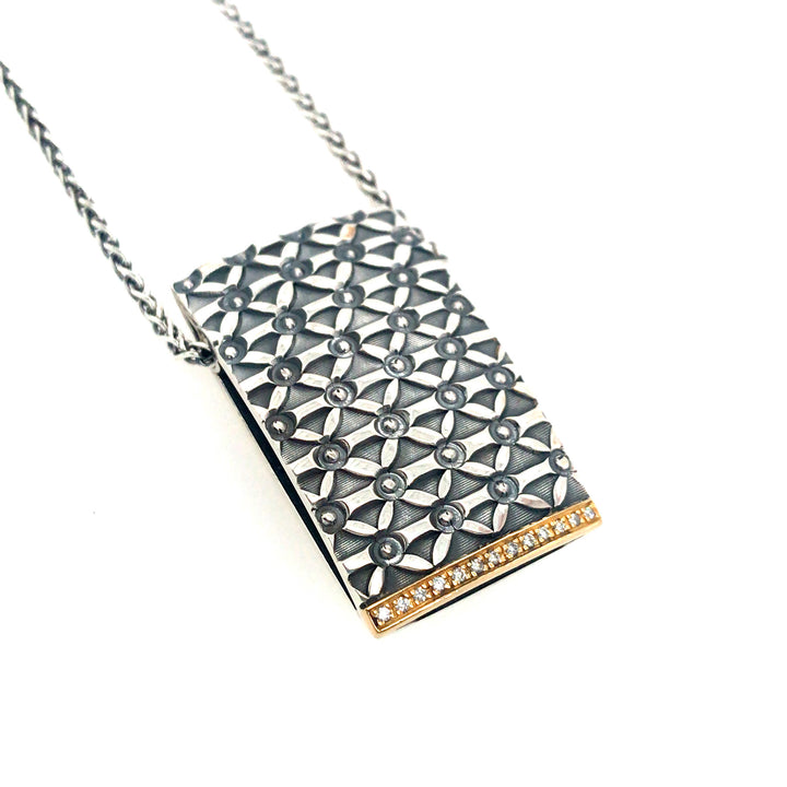 Large rectangular pendant in sterling silver & 18k gold, with diamonds at the bottom, on a 57cm sterling chain.