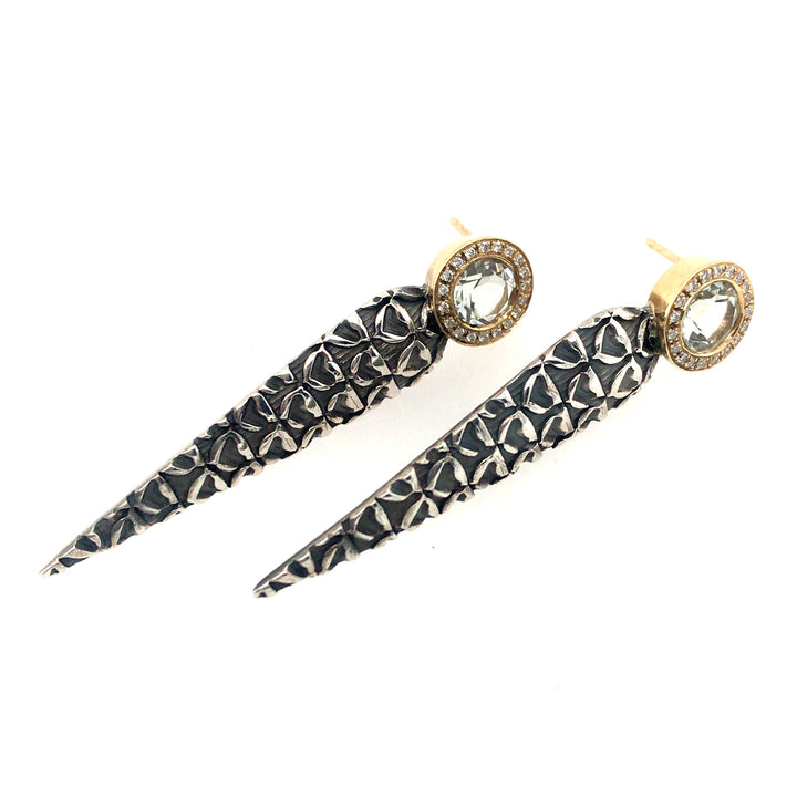 Drop stud earrings in sterling silver and 18k gold with prasiolites and diamonds.