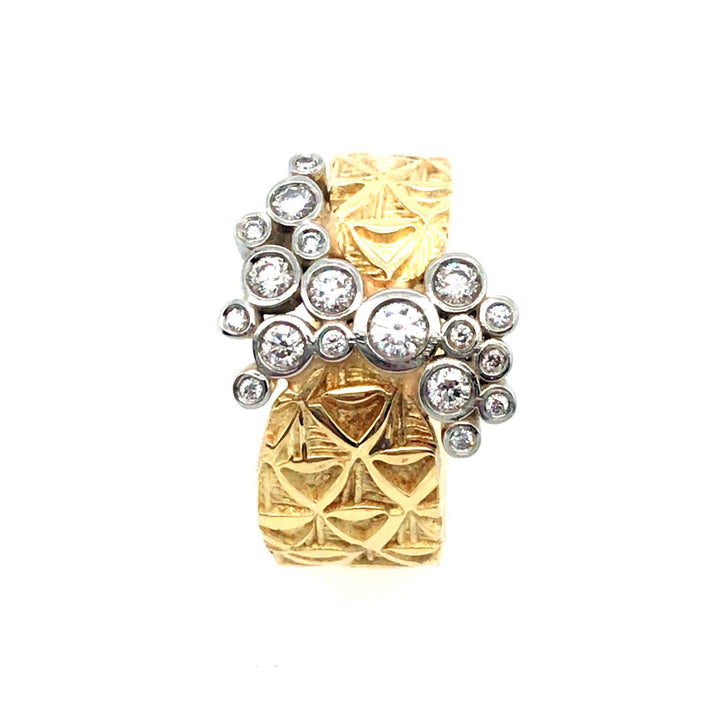 Hand stamped 18k gold ring with white and yellow diamonds. Size 6.25.