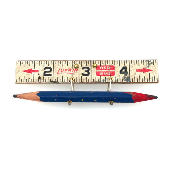 Made to Measure brooch. This wearable mixed media assemblage combines vintage boxwood ruler, vintage pencil, brass fittings, and sterling silver findings. Each piece is unique.
