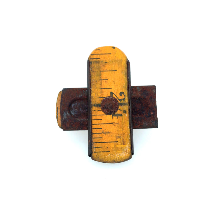 Made to Measure brooch. This wearable mixed media assemblage combines vintage boxwood ruler, brass fittings, and sterling silver findings. Each piece is unique.