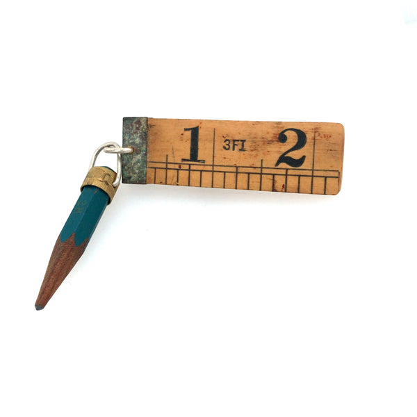 Made to Measure brooch. This wearable mixed media assemblage combines vintage boxwood ruler, vintage pencil, brass fittings, and sterling silver findings. Each piece is unique.