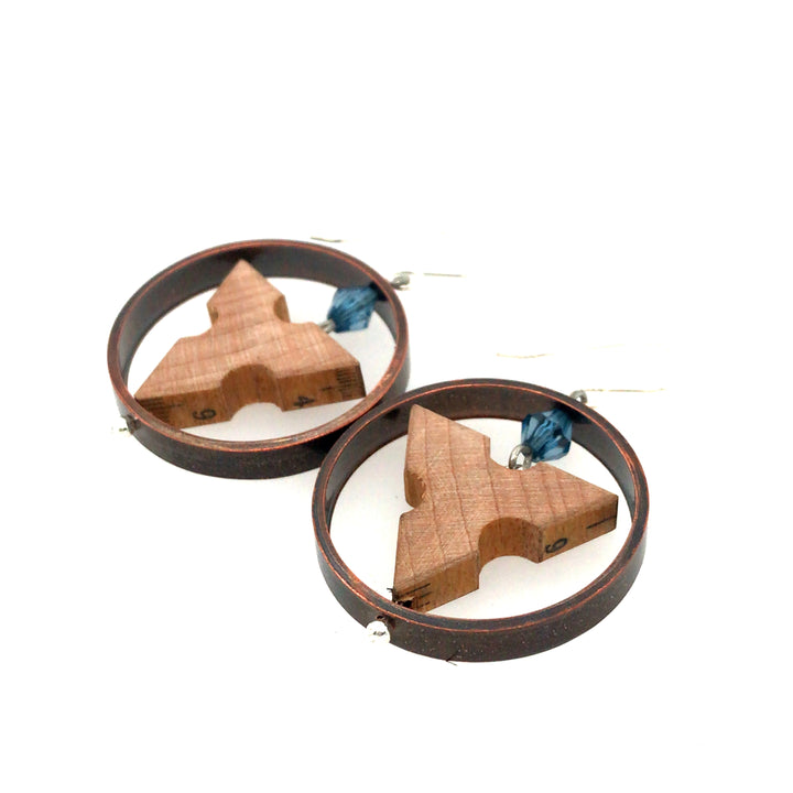 Made to Measure earrings. Round drop earrings combining vintage boxwood ruler, vintage beads, copper tube, and sterling silver hooks. 