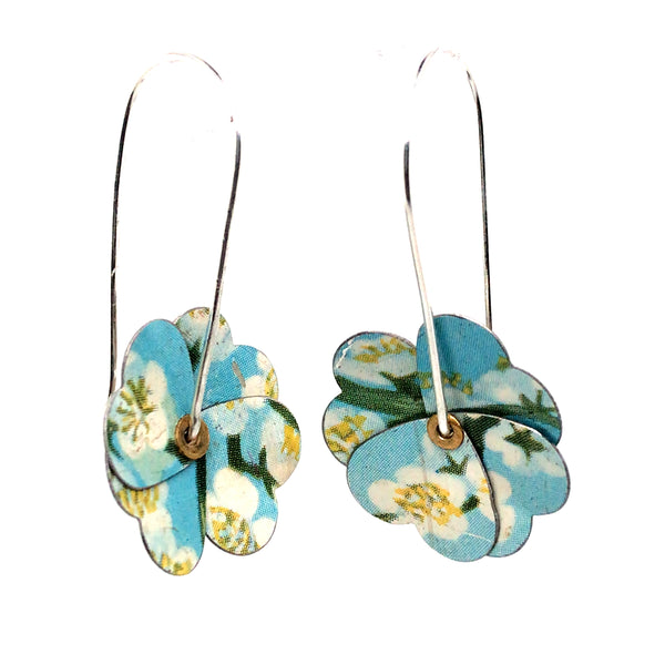 Tin Pansies in floral blue. Earrings of antique and vintage printed steel tins - cookie, cake, coffee, tea, etc, dating from the 1890s-1960s. Sterling silver hooks.