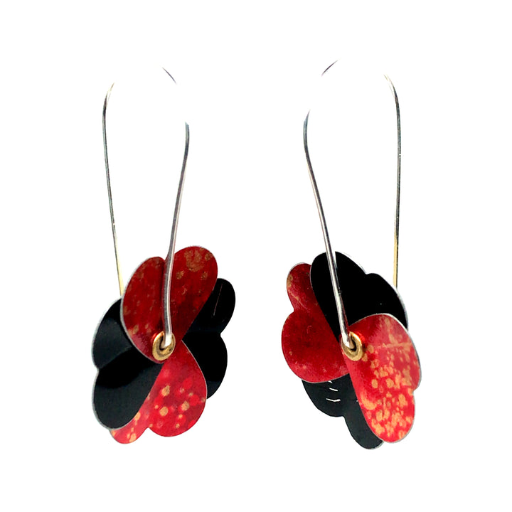 Tin Pansies in red and black. Earrings of antique and vintage printed steel tins - cookie, cake, coffee, tea, etc, dating from the 1890s-1960s. Sterling silver hooks.