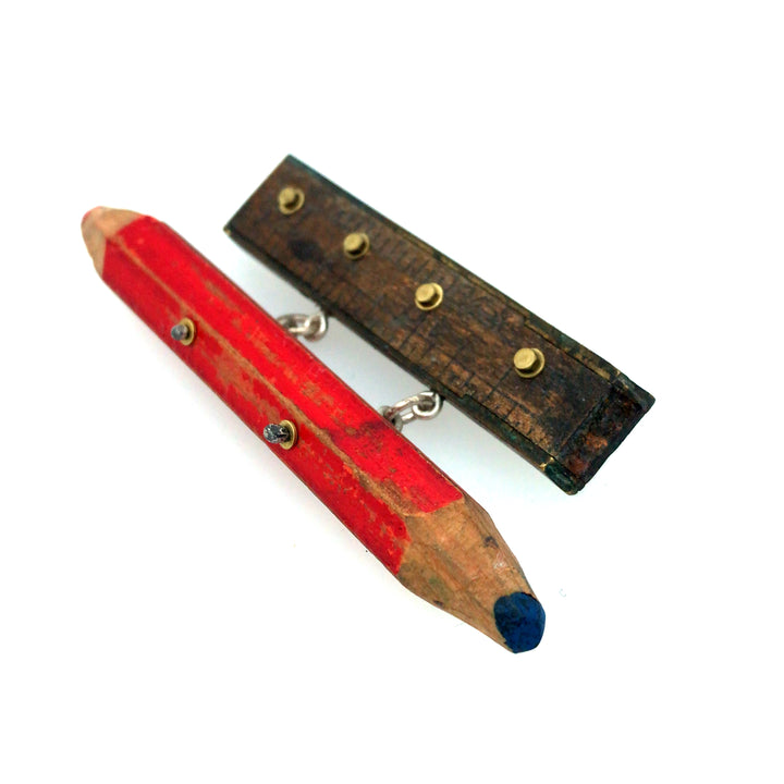 Made to Measure brooch. This wearable mixed media assemblage combines vintage boxwood ruler, vintage pencil, brass fittings, and sterling silver findings. Each piece is unique. 8 x 3.5 cm